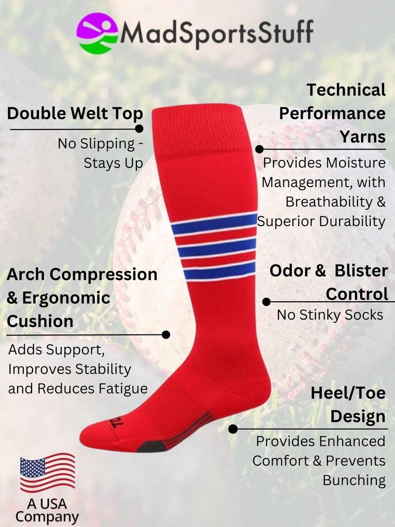MadSportsStuff Dugout 3 Stripe Baseball Socks (Scarlet/Royal/White, Small) - Scarlet/Royal/White,Small - Image 2